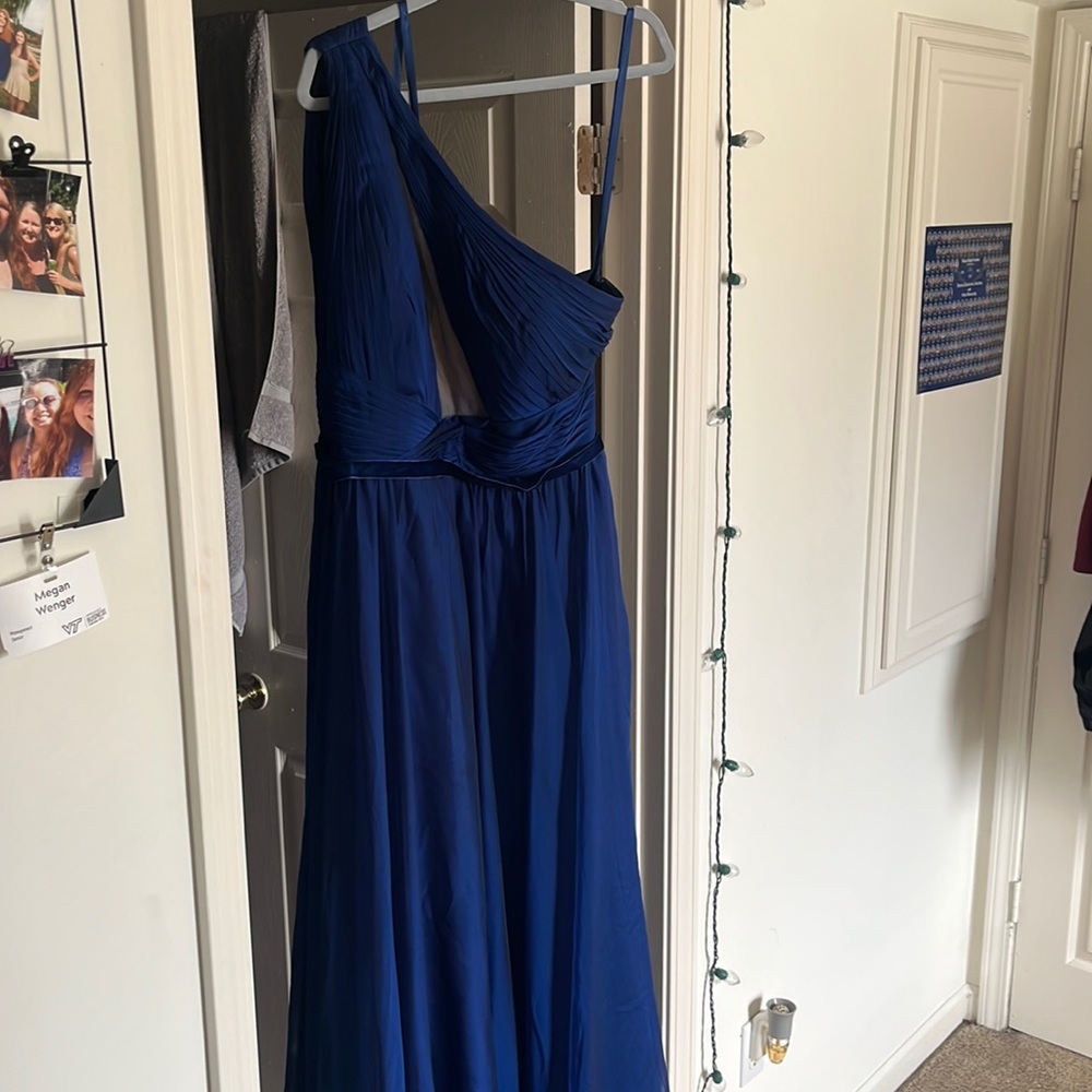A colors dress royal blue with a nude color mesh in middle